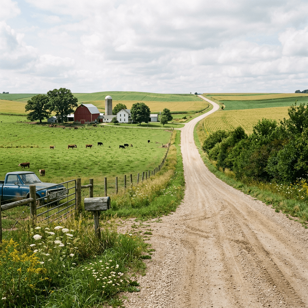 Dirt road leading to a farm with a red barn, silo, cattle grazing in green fields